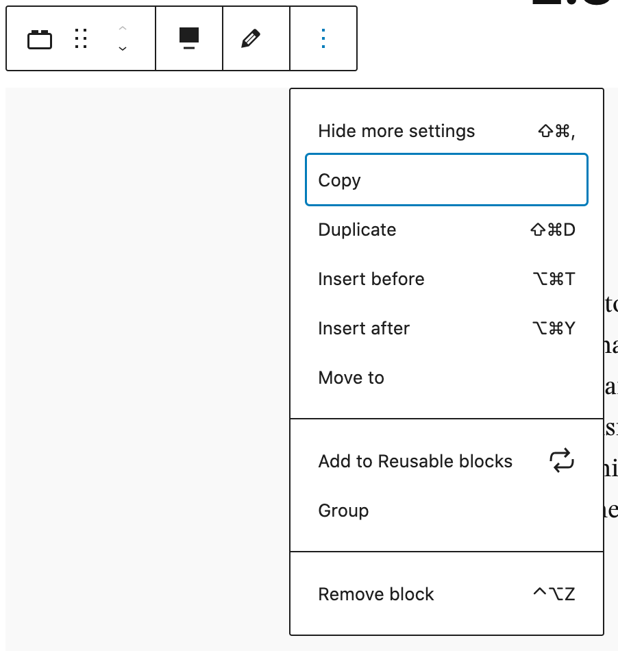 Screenshot of the dropdown that appears when you click the More icon in the block toolbar. These include duplicate, remove block, move to, and other location-based actions.
