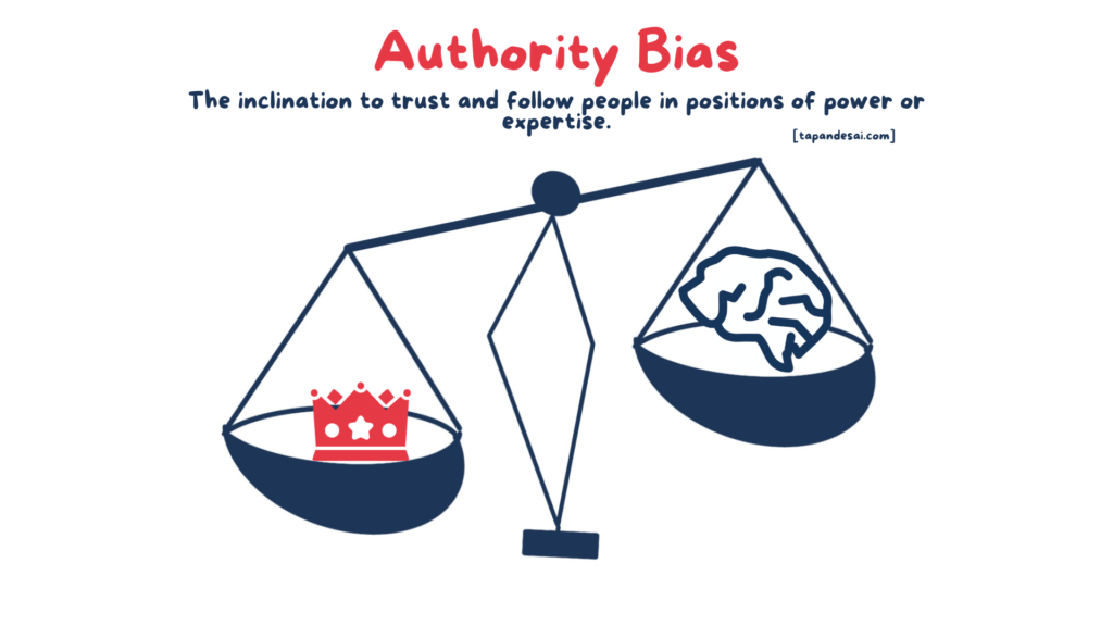 A definition of authority bias that states 'the inclination to trust and follow people in positions of power or expertise'. 