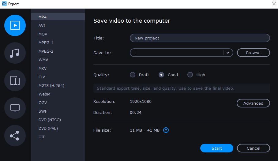 Movavi Video Editor Export Setting