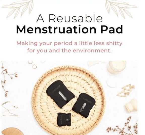 An image of a round bamboo tray with three reusable menstruation pads on it. The text reads "T Reusable Menstruation Pad Making you period a little less shitty for you and the environment,"