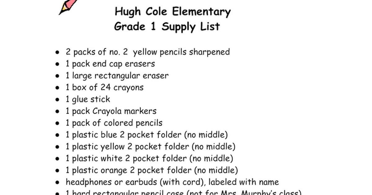 Grade 1 Supply List_Hugh Cole 2020 