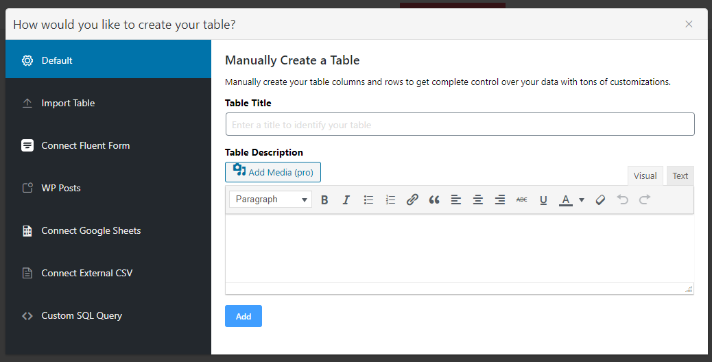 How to create a table with plugin