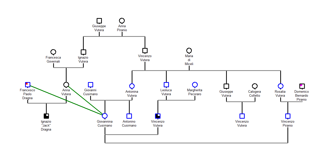 An expanded family tree including everyone from the first tree plus Vutera's widow's second husband, Vincenzo "Charles" Peranio.