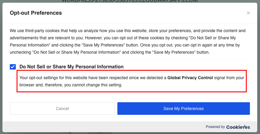 Global Privacy Control in cookie banner