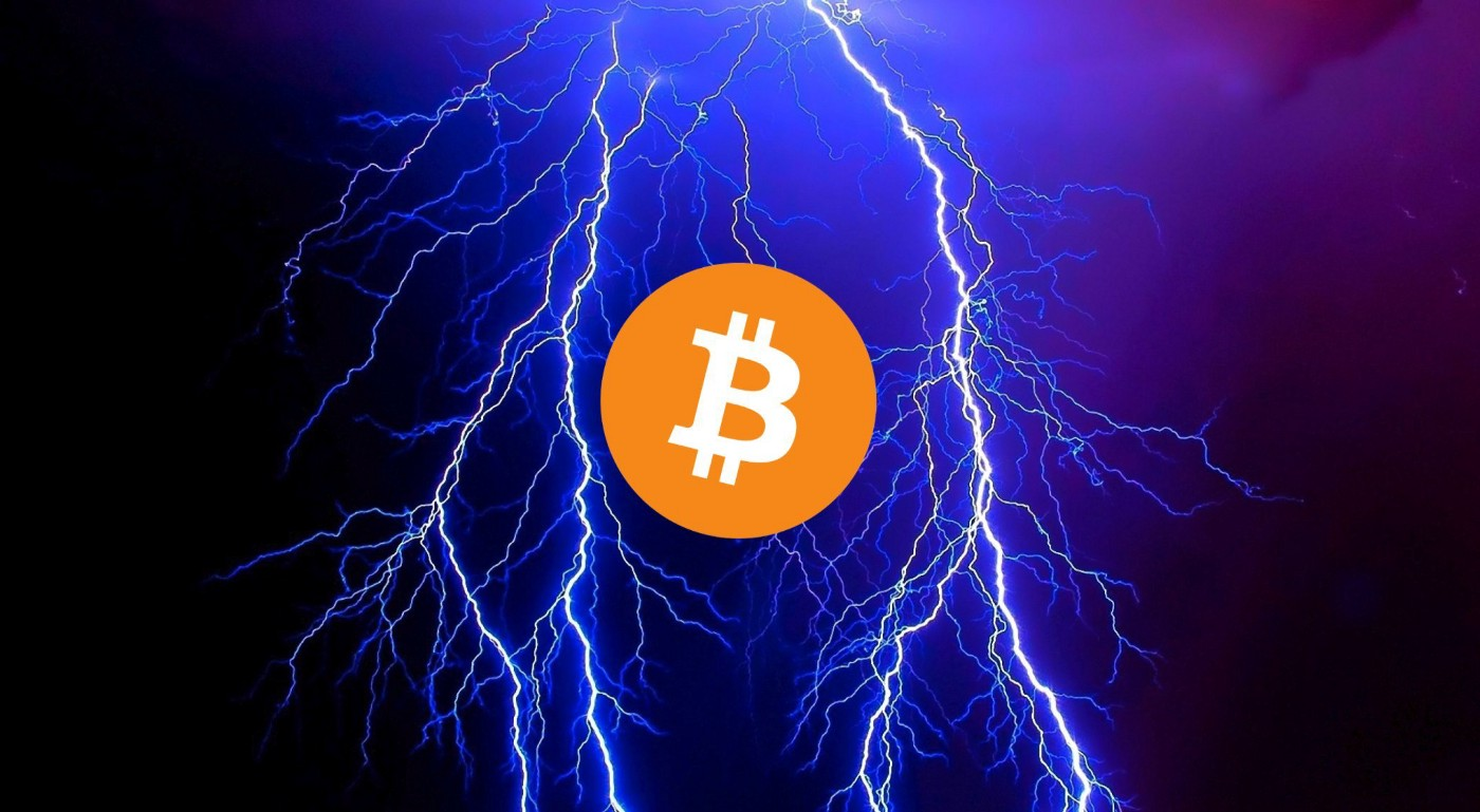 The Bitcoin asset and lightning strikes depicting the "Lightning Network" solution