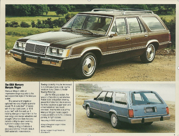 A newspaper ad for a 1984 Mercury Marquis Wagon. One picture is of a brown, wood-paneled station wagon in a field. The other is a blue station wagon, on a road by a beach.