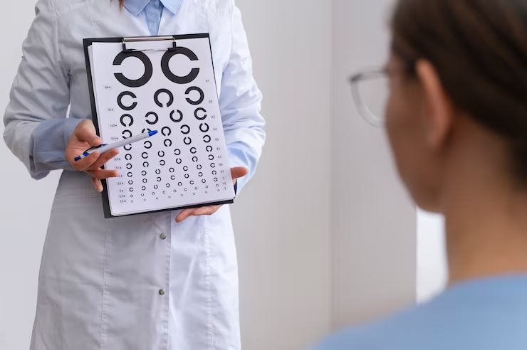 Optometrist conducting eye test on patient.