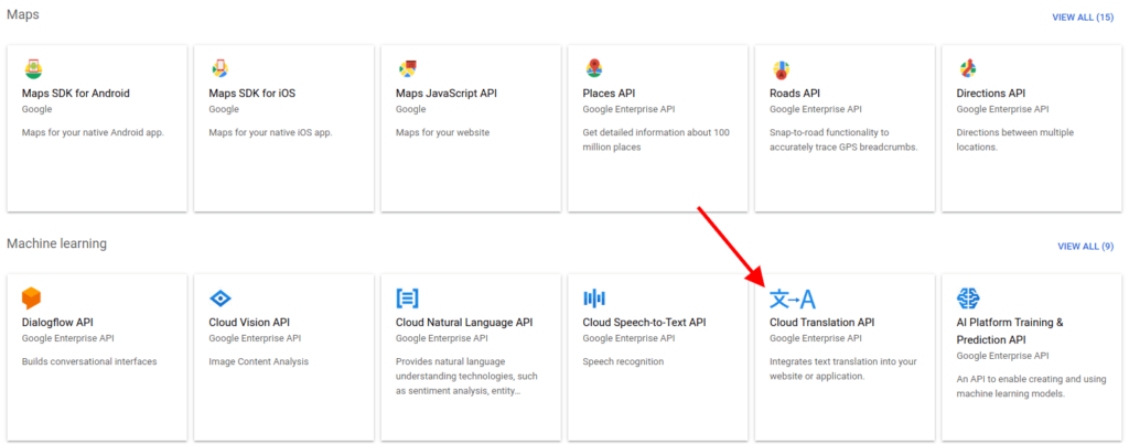 Google Cloud Platform výběr Cloud Translation API