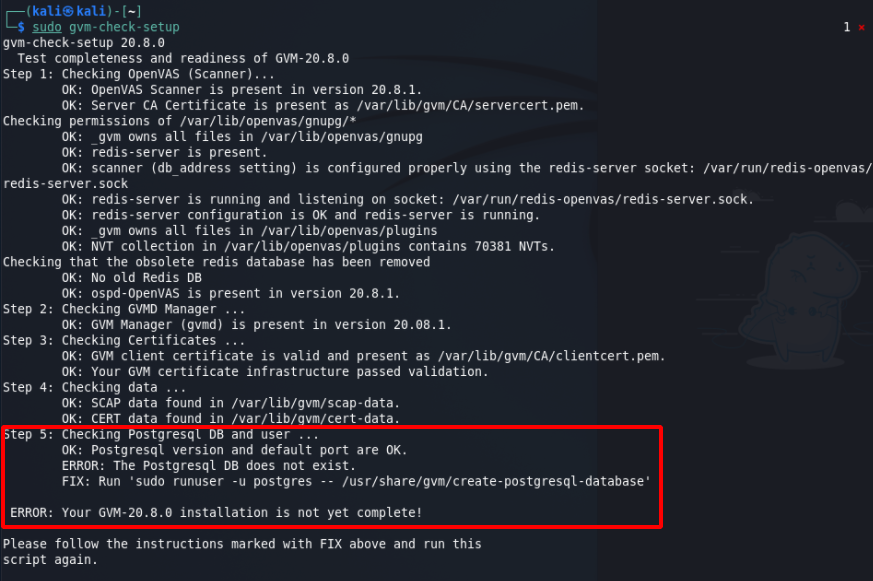Install OpenVAS on Kali Linux - PostgreSQL DB does not exist. Source: nudesystems.com