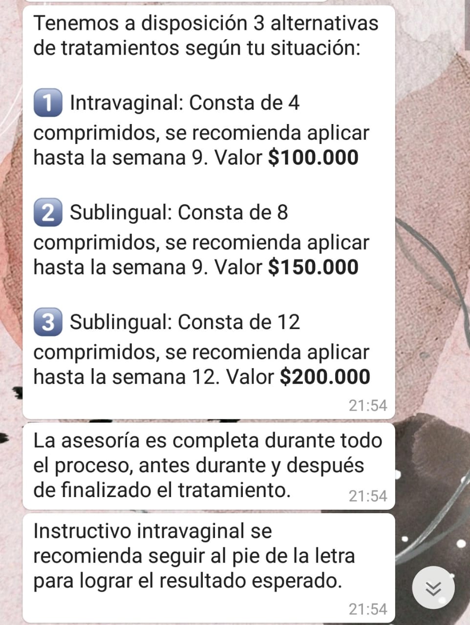 Pantallazo de chat de WhatsApp. Conversación entre periodista de Revista Bravas y persona que vende pastillas de misotrol donde indica los precios y asesoría.