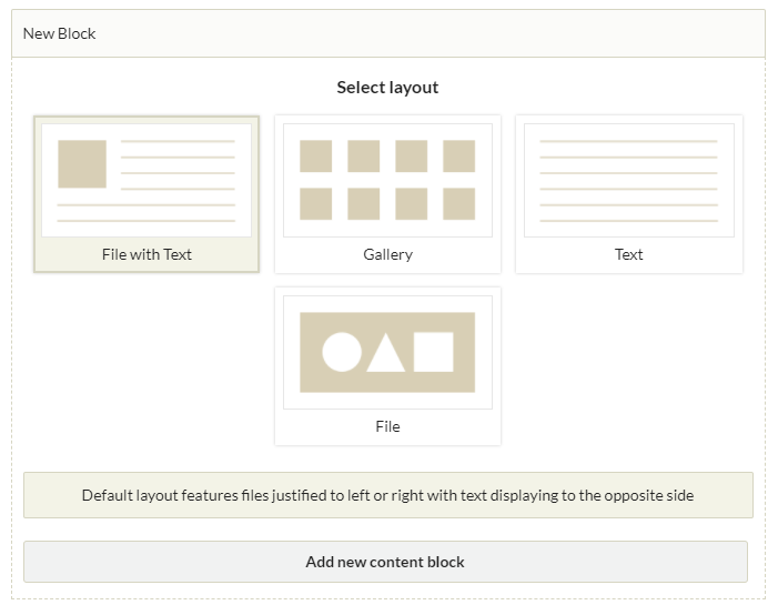 Omeka screenshot: New block, select layout