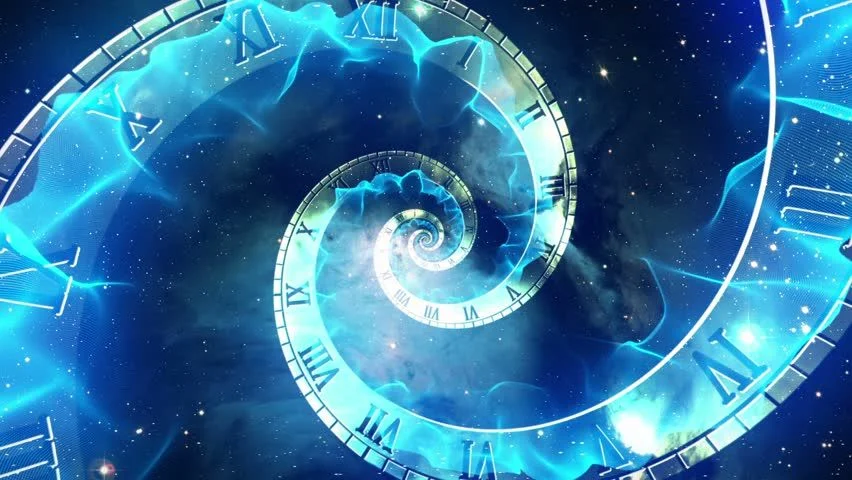 Trippy spiral clock as if saying “go back in time” a rewinding blue vortex of time. 