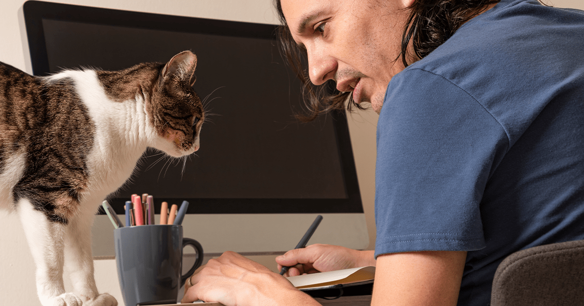 Man drawing in book at desk while cat watches