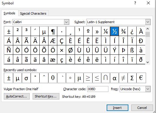 insert half symbol in Word