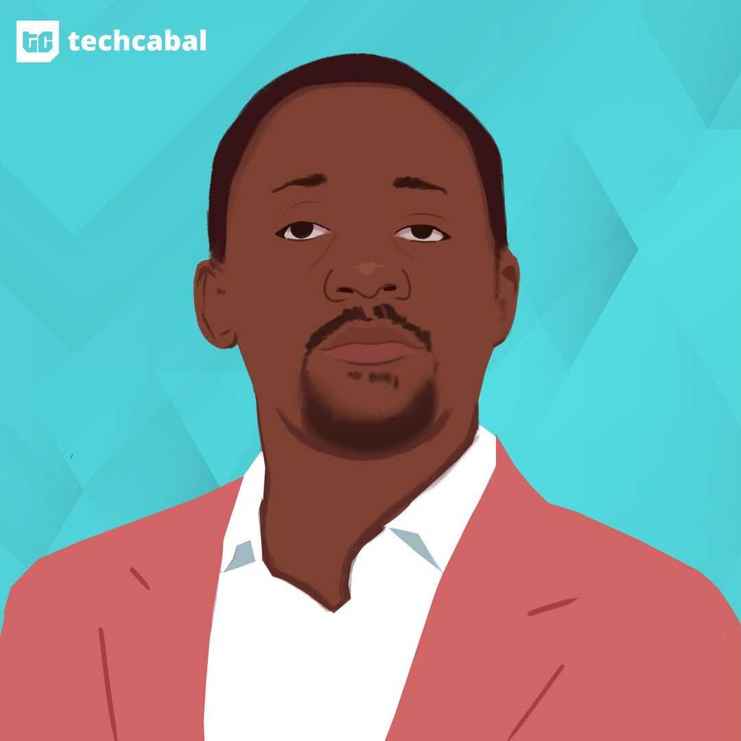 illustrated portrait of Jobberman c-founder Olalekan Elude in a peach jacket and white shirt