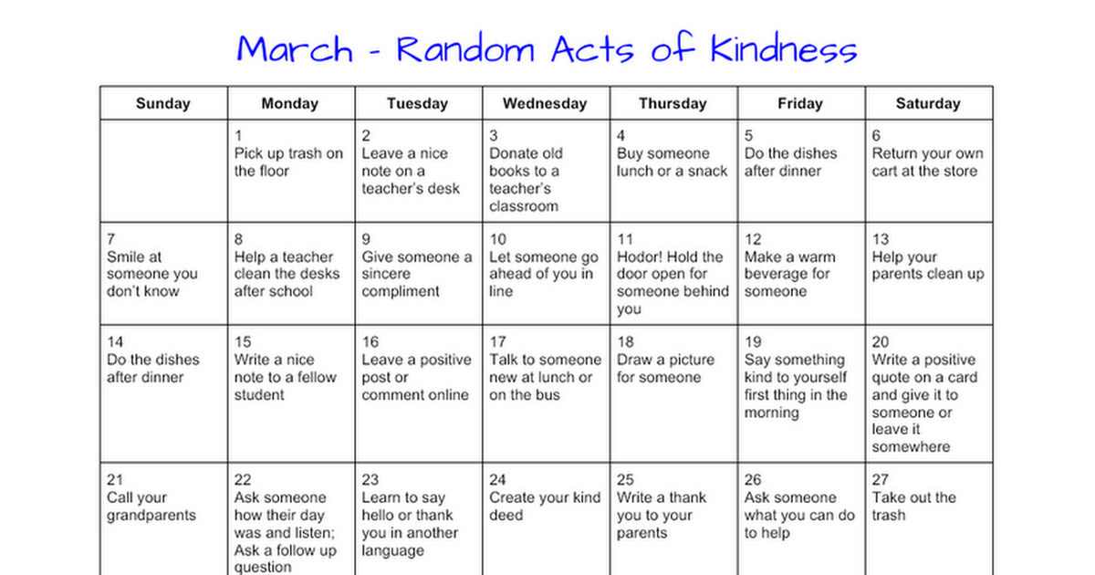  Random Acts of Kindness Calendar