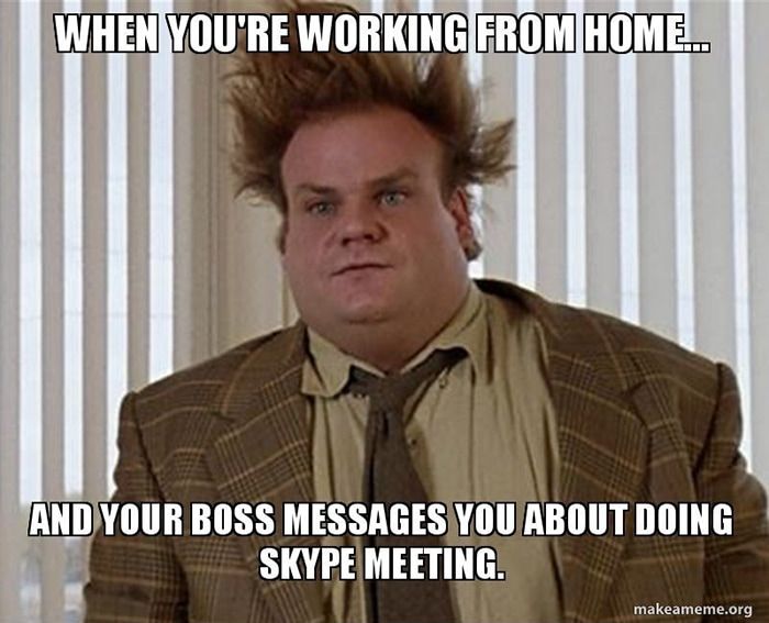 work from home meme - When you're working from home and your boss messages you about a skype meeting. 
