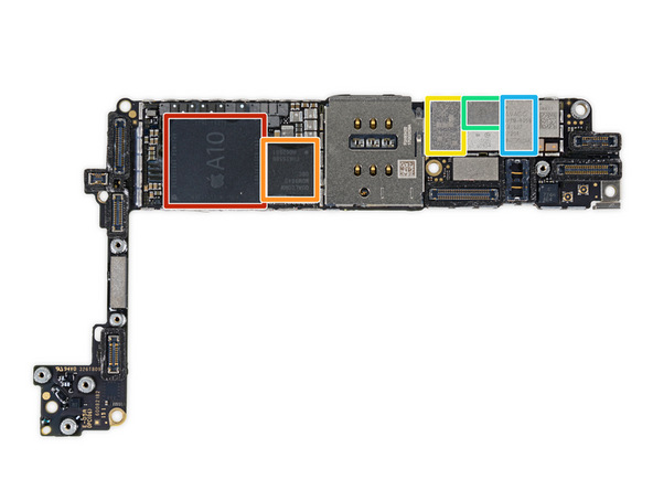 Image 1/1: Apple A10 Fusion APL1W24 SoC + Samsung 2 GB LPDDR4 RAM (as denoted by the markings K3RG1G10CM-YGCH)