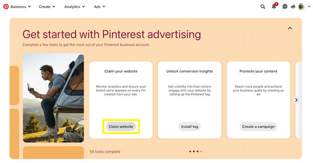 Claim your website to get started with advertising to market to Pinterest users.
