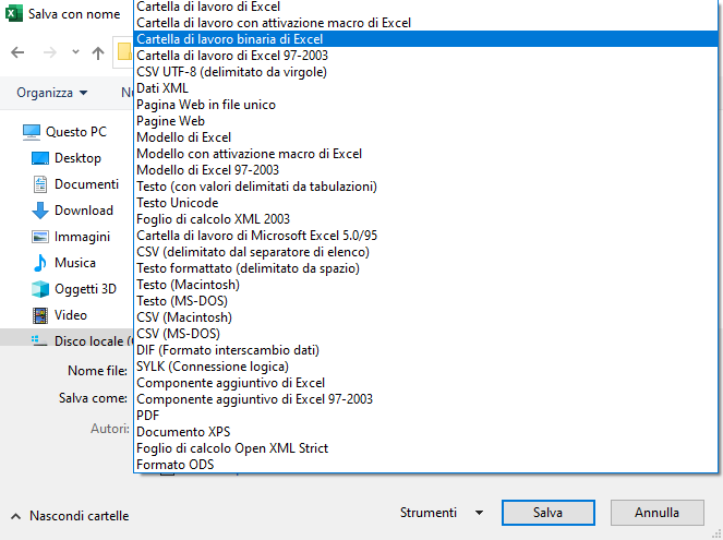 Estensioni file Excel durante il salvataggio