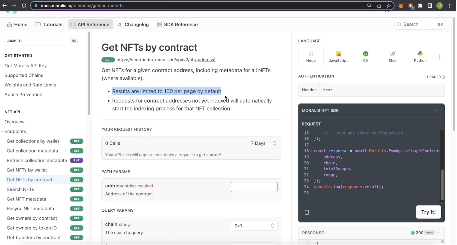 Showing all the information on the get NFTs by contract documentation page, including code snippets.