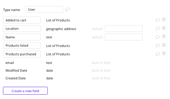 Bubble Etsy Clone User Data Type and Fields