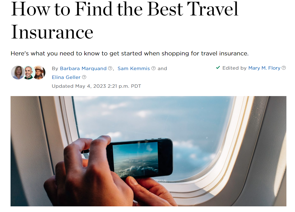 Screenshot of NerdWallet's blog post "How to Find the Best Travel Insurance" edited by Mary M. Flory