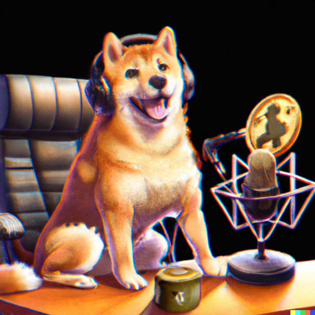A Shiba Inu Dog and a Bitcoin doing a podcast, digital art