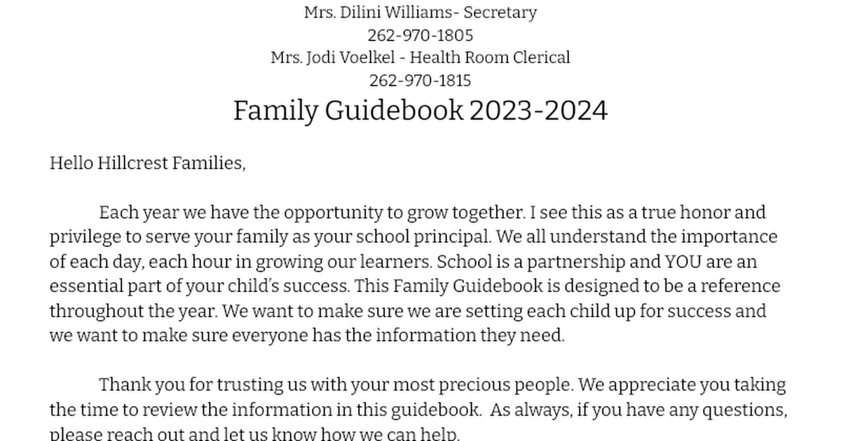 Hillcrest Family Guidebook 2018-2019