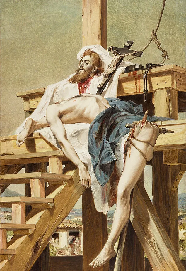 Na imagem, o corpo de Tiradentes aparece esquartejado e distribuído ao lado de um crucifixo em cima da forca.