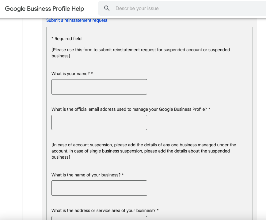 Submit google business profile reinstatement form