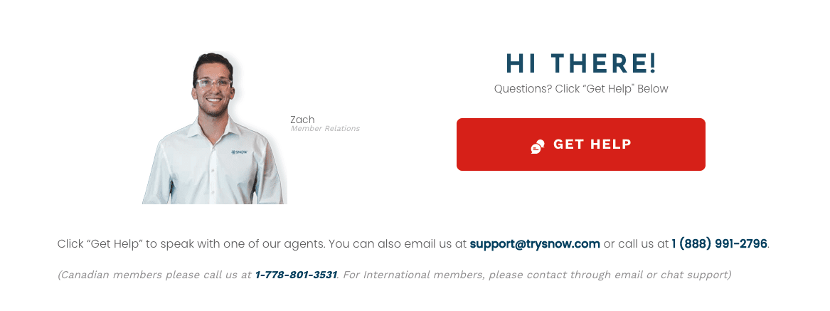 Screenshot of Snow's contact us page which features a big red button that says "Get help"