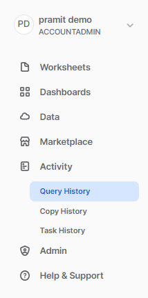 Activity section and Query history dropdown menu - snowflake query profile