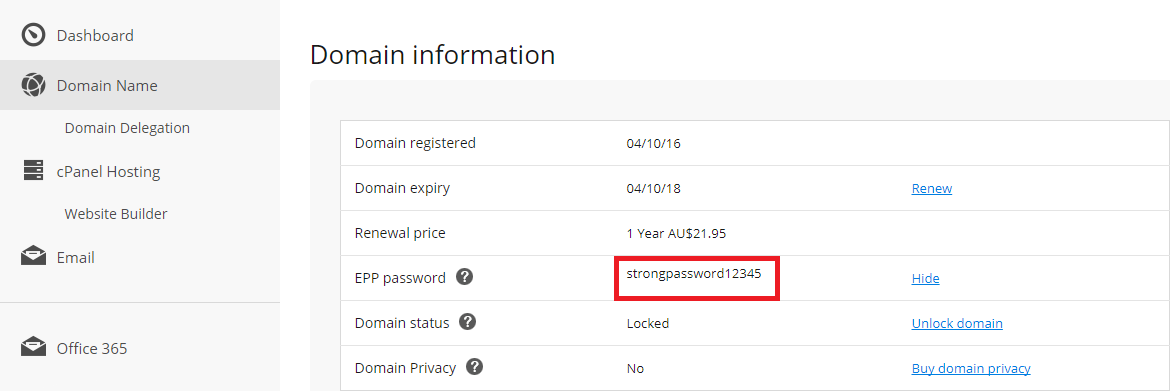 Domain password/EPP code/auth code