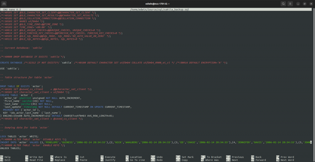 A sample MySQL copy database output file using mysqldump. It made a copy of the sakila sample database.