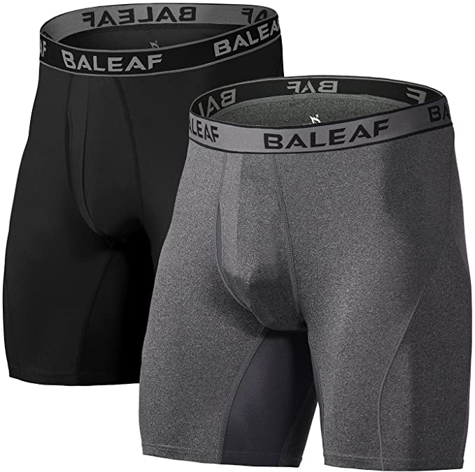 BALEAF Men's Performance Boxer Briefs 9" Athletic Underwear Long Leg Cool Dry with Fly 2-Pack