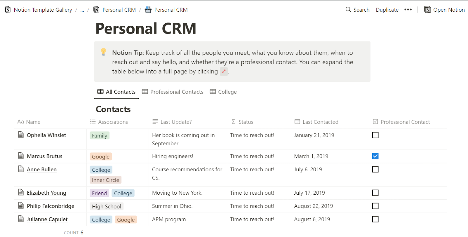 Personal CRM in Notion