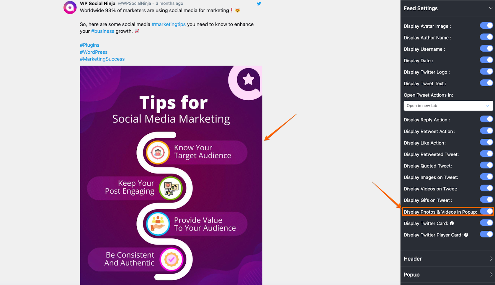 Twitter feed settings: Display Photos and videos in Popup
