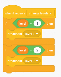 Scratch coding block for switching game levels