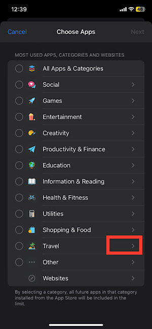 Select the arrow next to the travel option