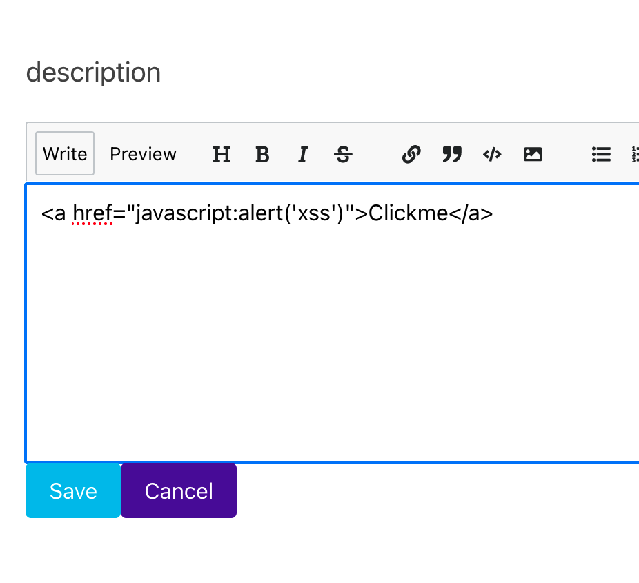 The ticket description field in the Wayfarer target app, with an HTML link set to execute javascript.