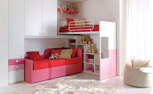 kids bedroom ideas - a pink, red and white cabin bed