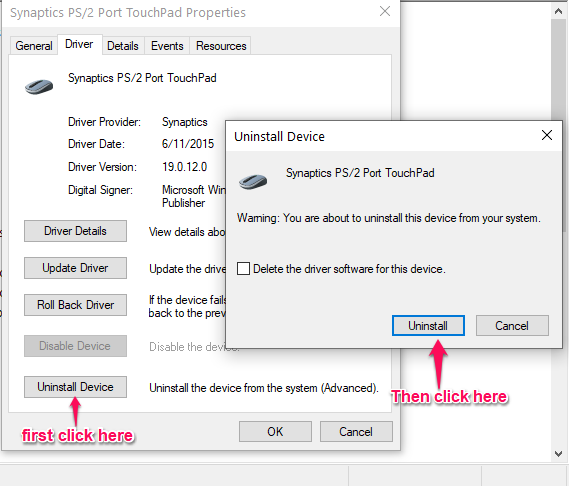 Uninstall the drivers by navigating from the “Drivers” tab through to the “Unistall device” tab.