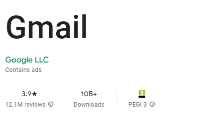 Snapshot from Google Play store showing Gmail with 10B downloads in 2023
