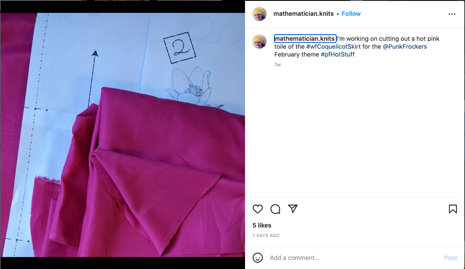 Instagram screenshot of pink fabric and pattern