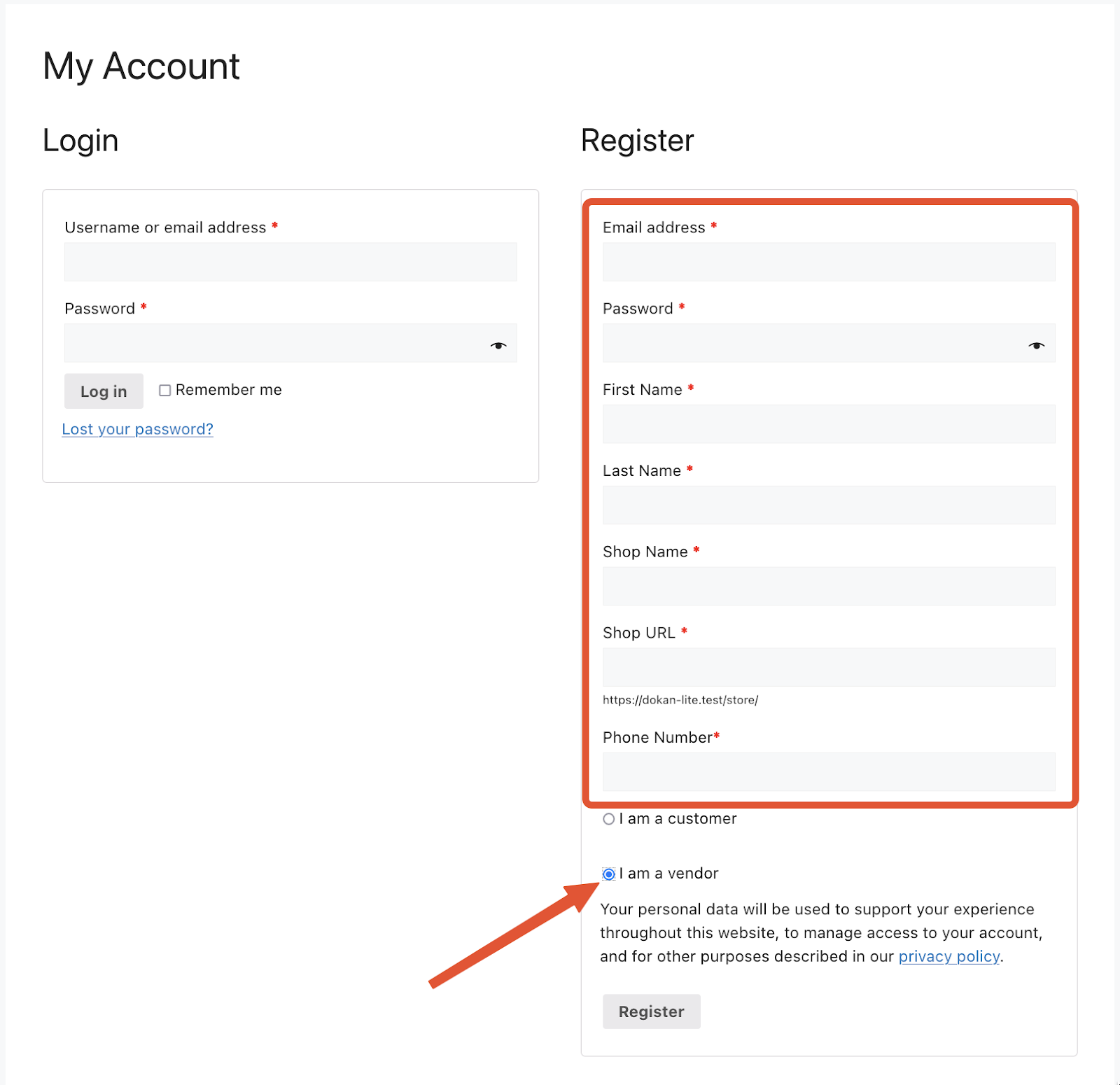 This image shows how Dokan registration form looks like from frontend. 