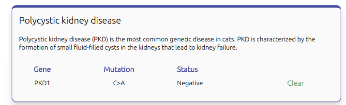 Captura de pantalla de la descripción de la poliquistosis renal, el gen y el estado negativo del gato analizado