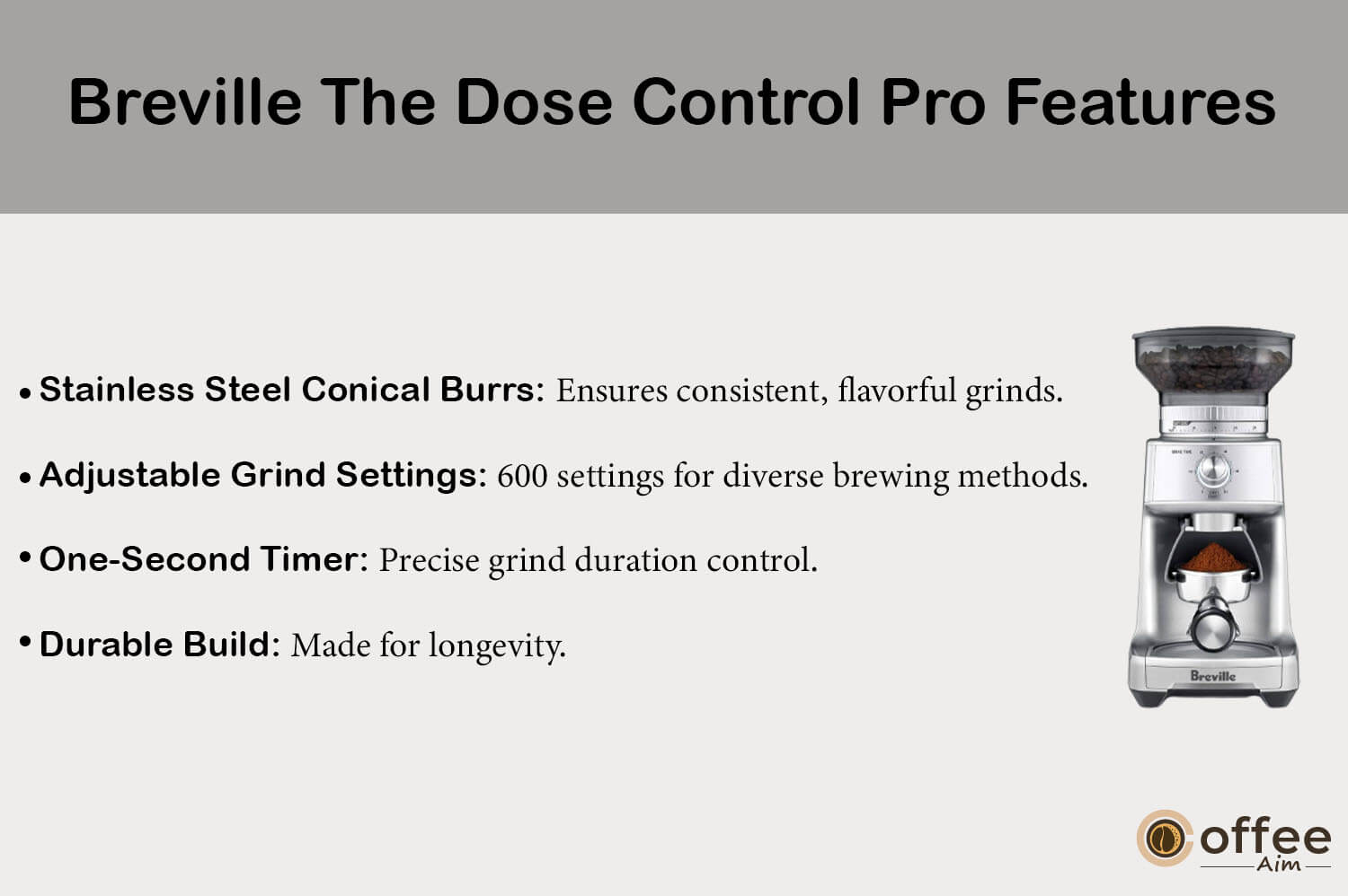 This visual encapsulates the array of features encompassing the "Breville The Dose Control Pro," providing a comprehensive overview for our review article dedicated to this exceptional coffee grinder.