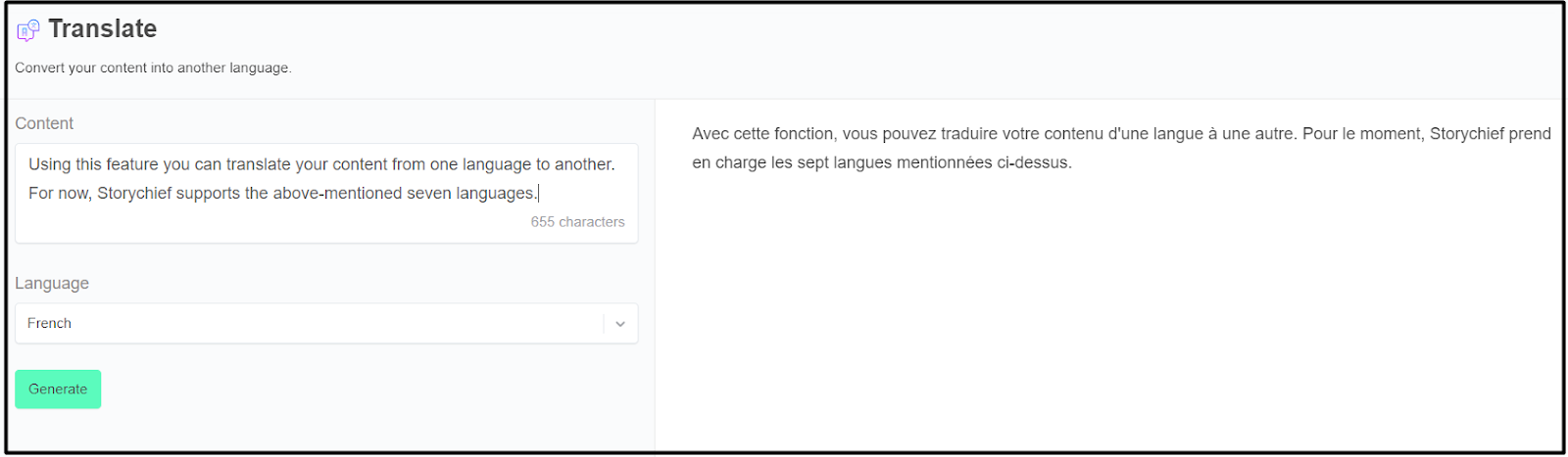 Translate feature in Storychief AI Mode