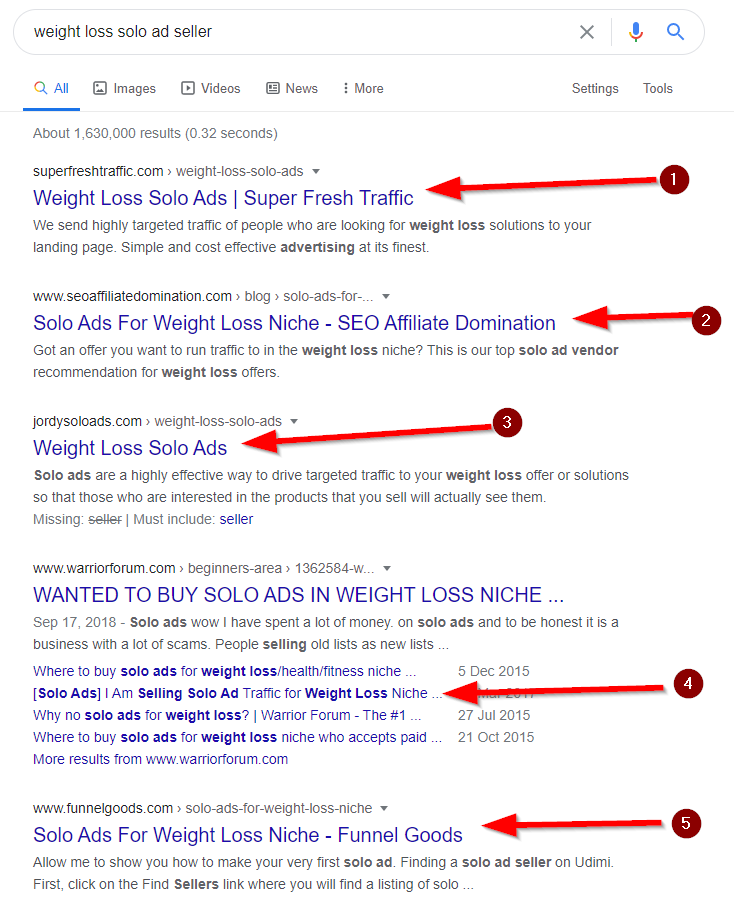 solo ads for affiliate marketing google search example